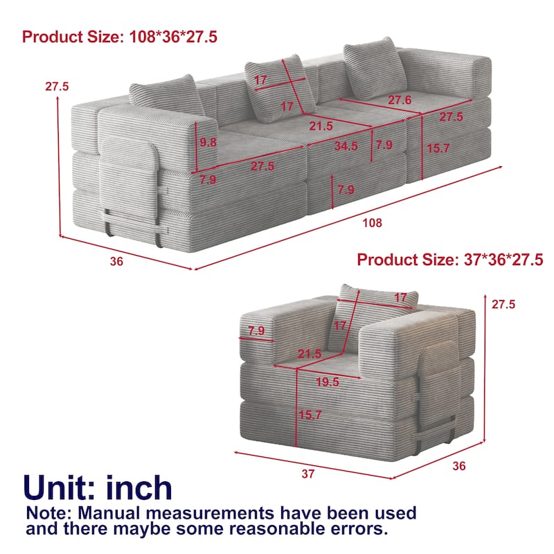 Corduroy Modular Sleeper Sofa Bed with Side Pockets and Anti-slip Pads
