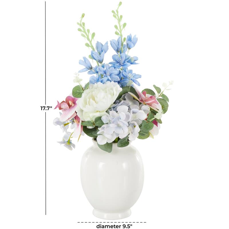 White Fabric Artificial Flower with Green Leaves and Round Ceramic Vase