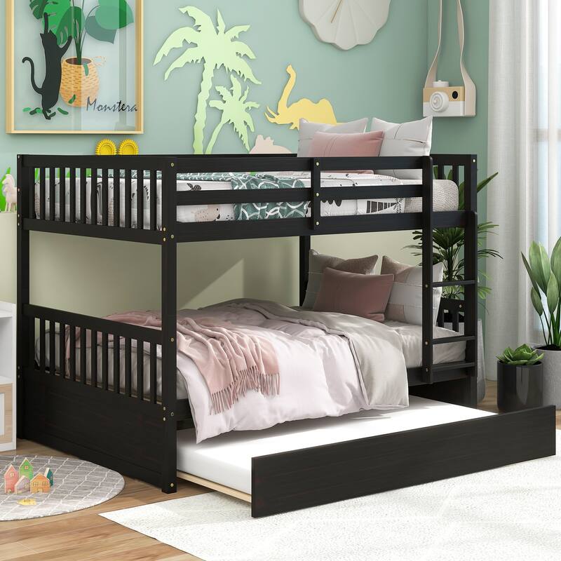 Twin/Full Size Bunk Bed with Trundle, Convertible to 2 Platform Bed - Espresso - Full