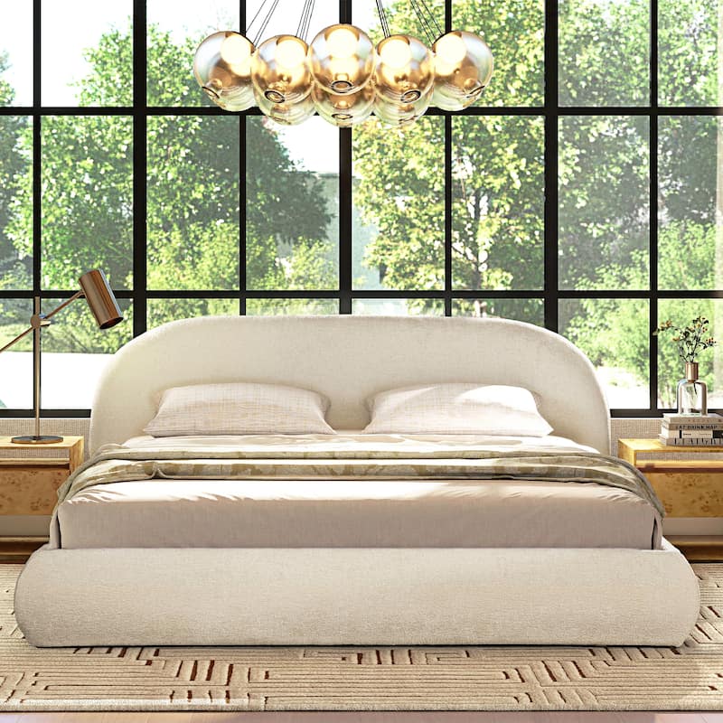 Archie Mid-Century Modern Velvet Upholstered Arched Platform Bed - Almond White Chenille - King