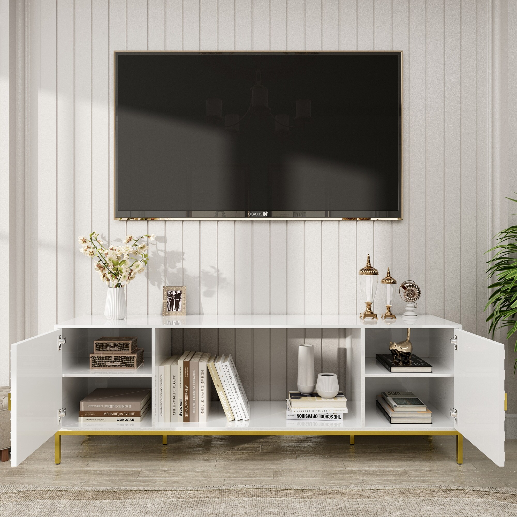 70" Heavy Duty TV Stand, Storage Media TV Console Table with 2 Cabinet, Adjustable Shelves, Living Room Entertainment Center