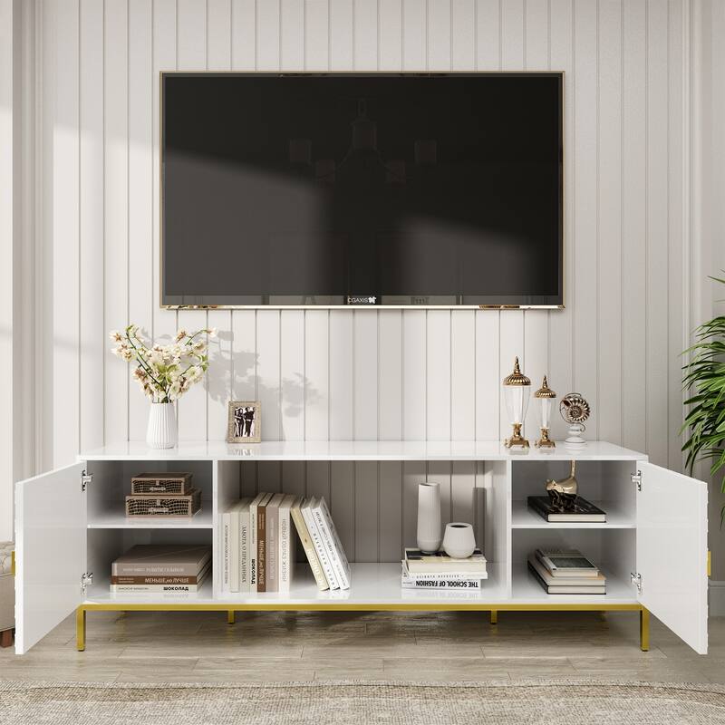 70 Inch TV Stand, Heavy Duty Wood Media Entertainment Center Console with Cabinet Storage & Open Shelves