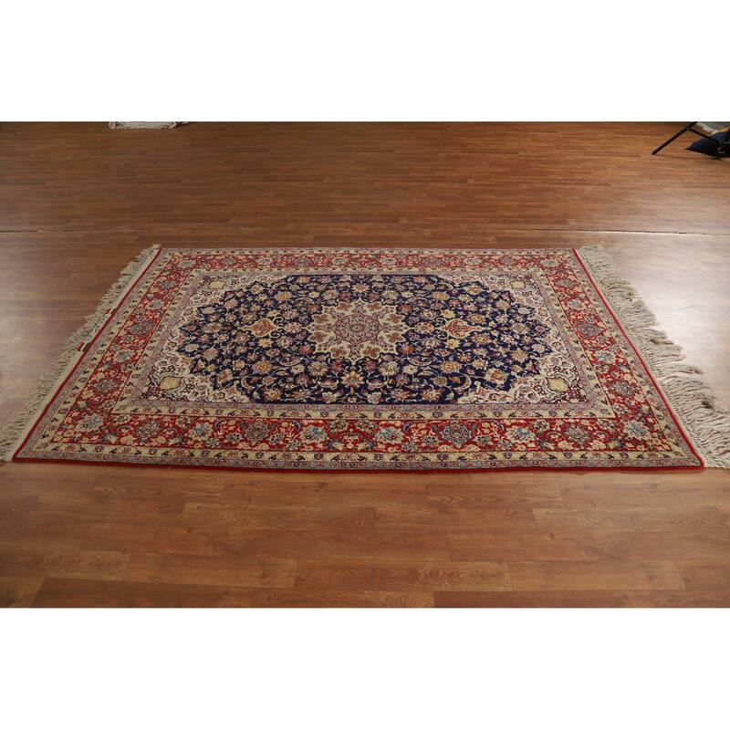 Hand Knotted Oriental 100% Wool Carpet Traditional Floral Navy Blue & Blues Isfahan Area Rug - 7' 5'' X 4' 9''