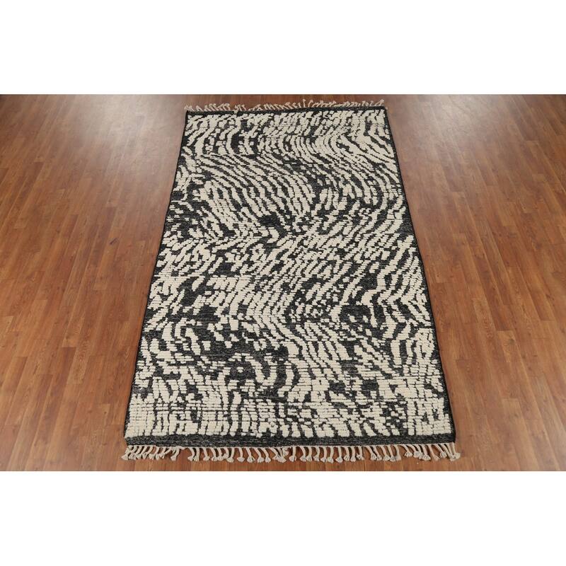 Black & Ivory Moroccan Abstract Area Rug Hand-Knotted Wool Carpet - 4'11"x 8'1"