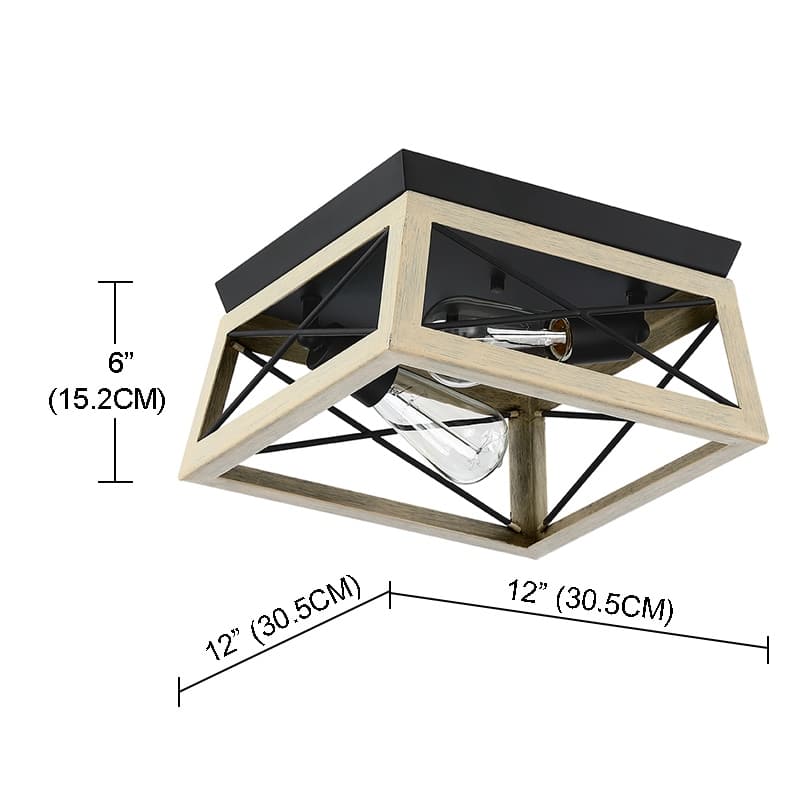 2-Light Black Metal and Wood Flush Mount