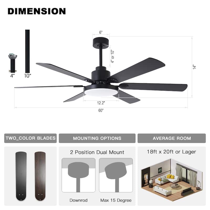 60-in Modern 6-Blade Dimmable LED Ceiling Fan with Light and Remote