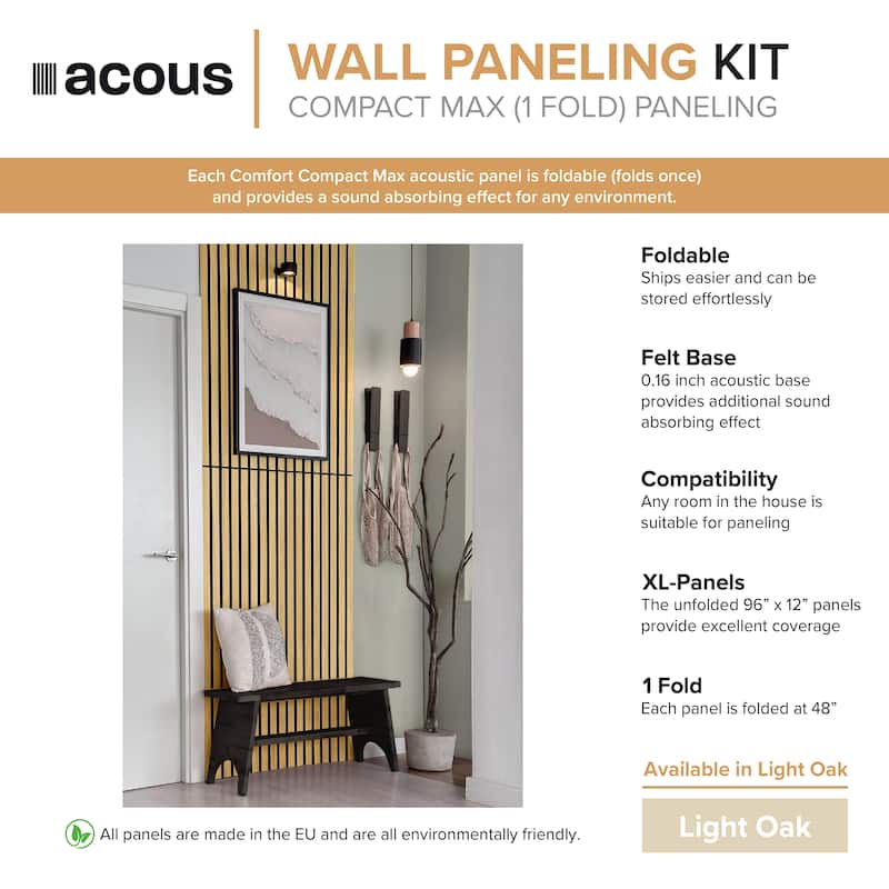 Acous ACMF2-70 Foldable Compact Max 12-in x 96-in x 0.4-in 2-Pack Wall Panels, Light Oak