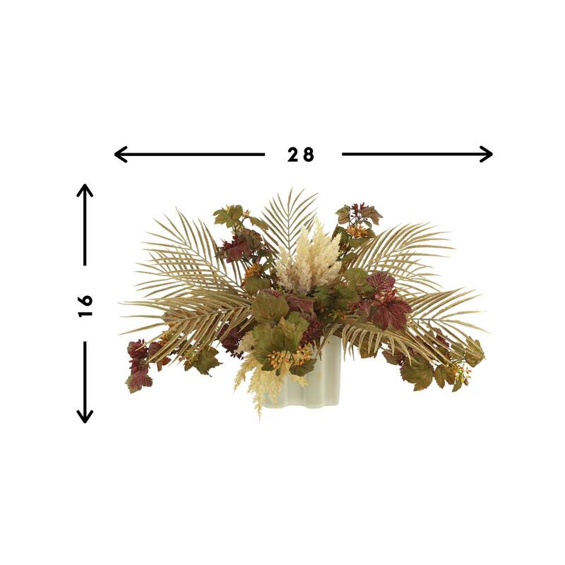 Danica Ivy and Areca Palm Arrangement in a Ceramic Vase - Burgundy, Red, Green, Beige, White