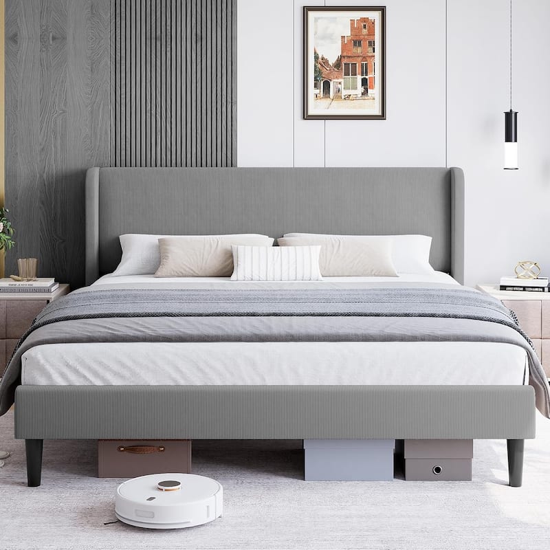 Velvet Upholstered Platform Bed with Wingback Headboard, Wood Slats Support, No Box Spring, Easy Assembly - King - Grey