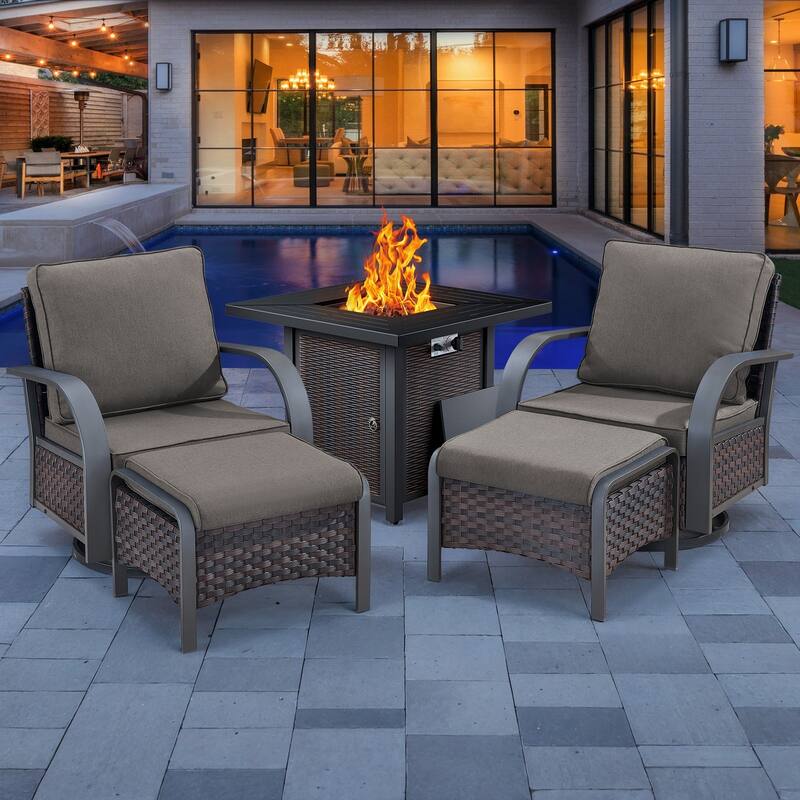 5 Pieces Patio Swivel Chair with Fire Pit Table - Grey Cushion - Brown - Grey - Brown