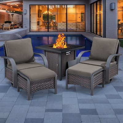 5 Pieces Patio Swivel Chair with Fire Pit Table - Grey Cushion - Brown