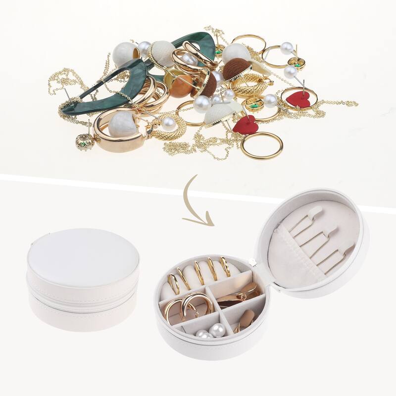 Travel Jewelry Box for Women Girls Birthday Gifts, Small Round Portable PU Leather Jewelry Organizer Case for Earring Necklace - White