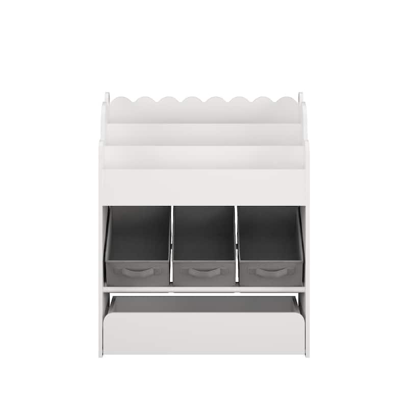Kids Bookshelf with Storage Bins and Drawer,Multi-Functional Wooden Book Organizer for Toddlers,White Bookcase for Toys, Books