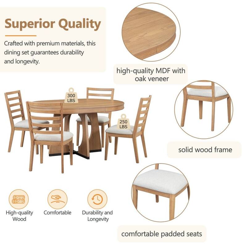 5-Piece Solid Wood Retro Rustic Functional Dining Set with 16" Removable Middle Leaf