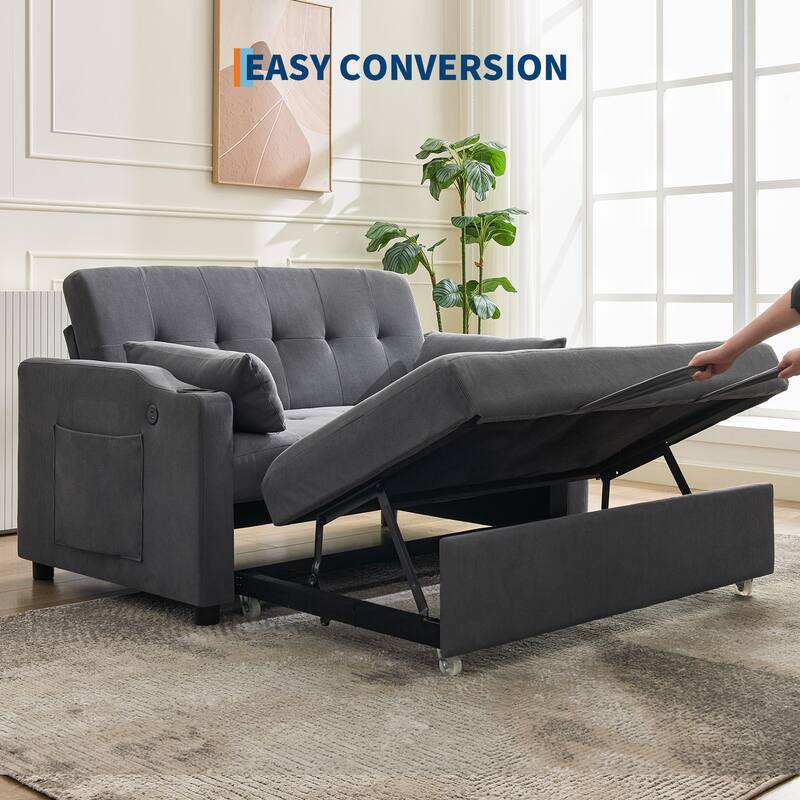 3-in-1 Convertible Sleeper Sofa Bed with Pull-Out Bed, Corduroy Futon, Charging Port & Side Pocket