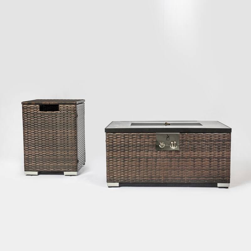 Rectangle Wicker Propane Fire Pit Table in Brown with Propane Tank Cover