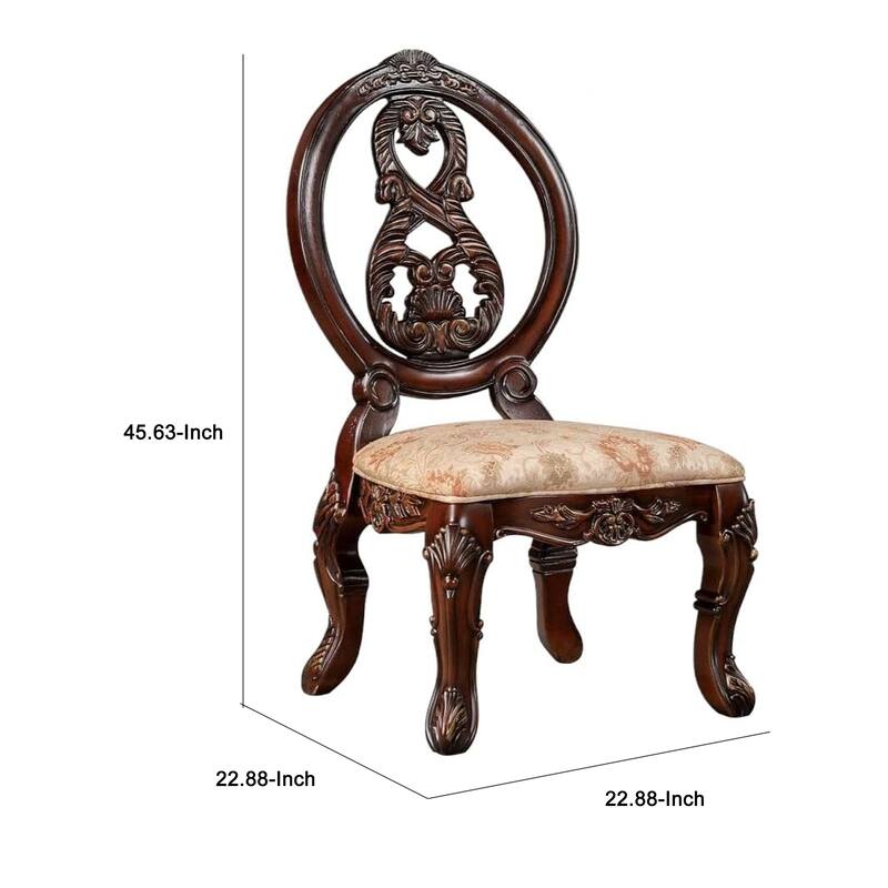 23 Inch Carved Dining Chair, Set of 2, Cabriole Legs, Tan Fabric Seating