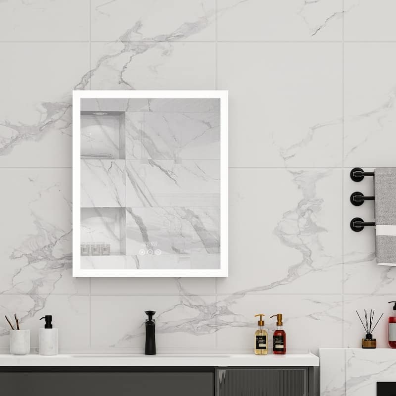 Illuminated LED Wall Mirrored Bathroom Storage Medicine Cabinet with Shaver Socket Bluetooth Anti-Fog Lighted Mirror Cabinet