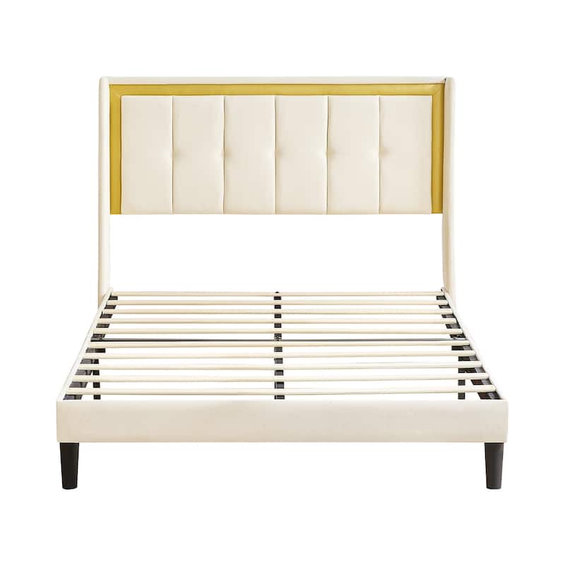 Upholstered Platform Bed with Headboard and Sturdy Wooden Slats