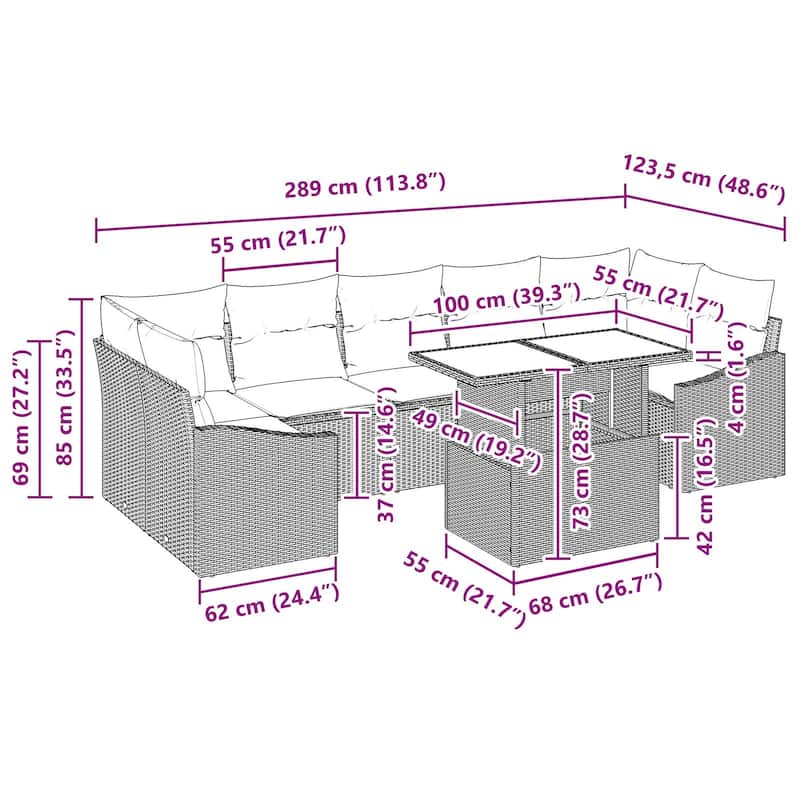 vidaXL 8 Piece Garden Sofa Set with Cushions - 113.8×48.6×27.2