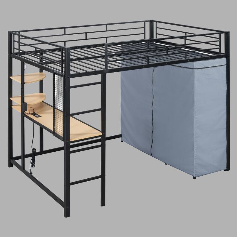 Full Loft Bed with Built-In Desk, Power Outlet, LED Light & Fabric Wardrobe - Space-Saving Solution - Black - Full
