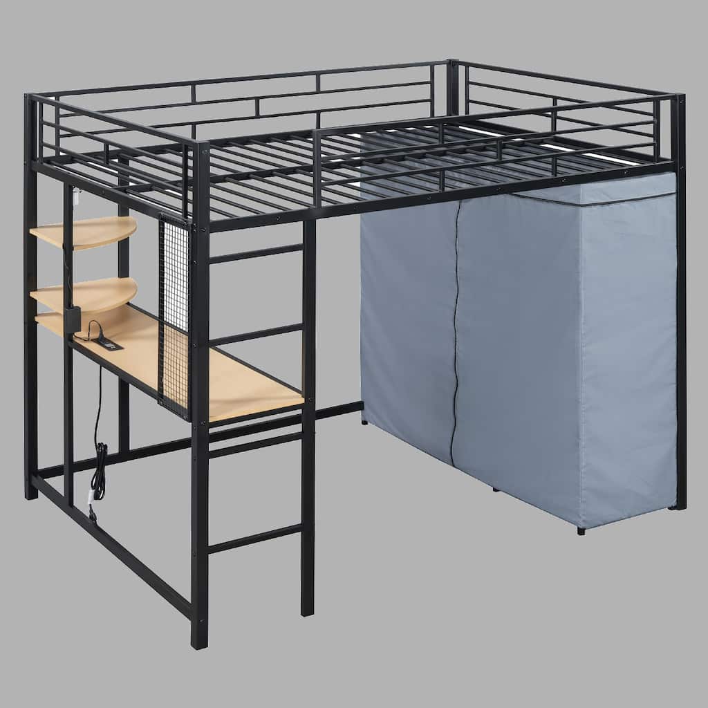 Full Loft Bed with Built-In Desk, Power Outlet, LED Light & Fabric Wardrobe - Space-Saving Solution