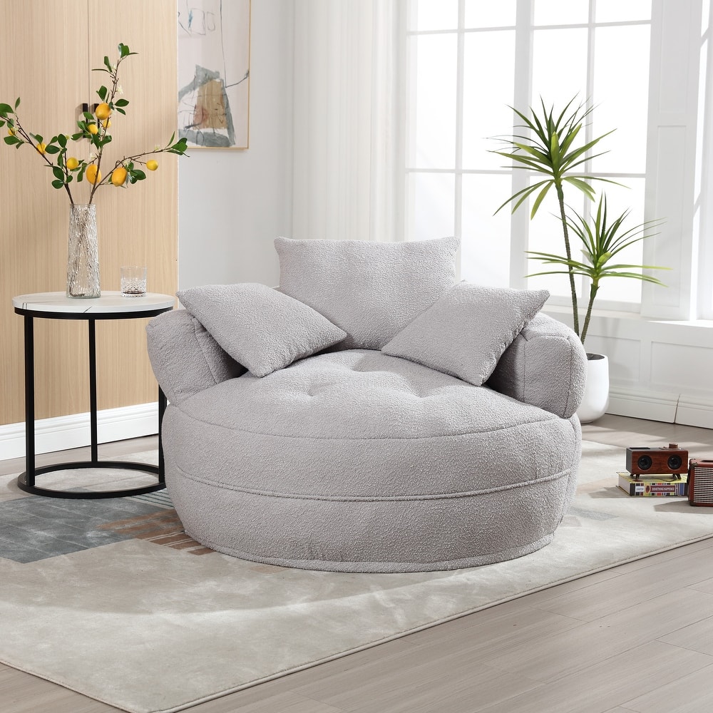 Boucle Upholstered Tufted Barrel Accent Living Room Chair With Toss Pillows