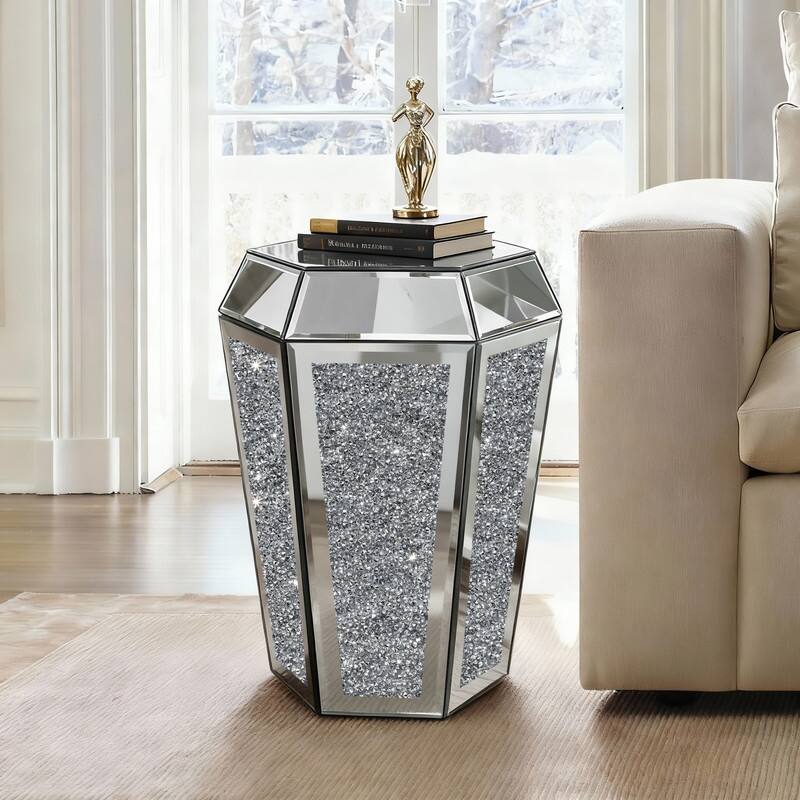 Hexagonal Mirror Top End Table with Crystal-Inlaid