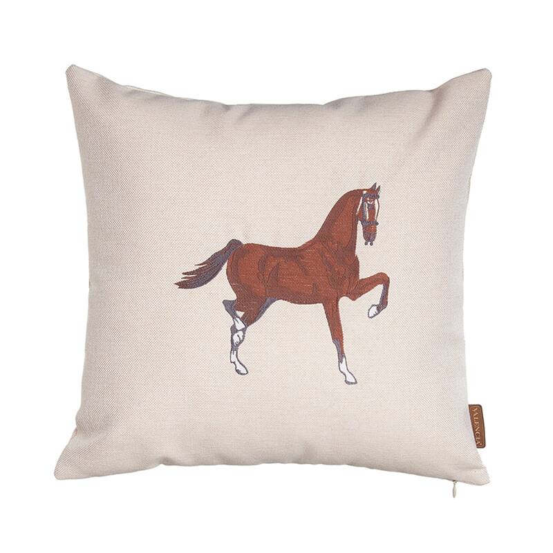 HomeRoots 18" X 18" Beige Horse Animal Print Zippered Handmade Polyester Throw Pillow With Embroidery