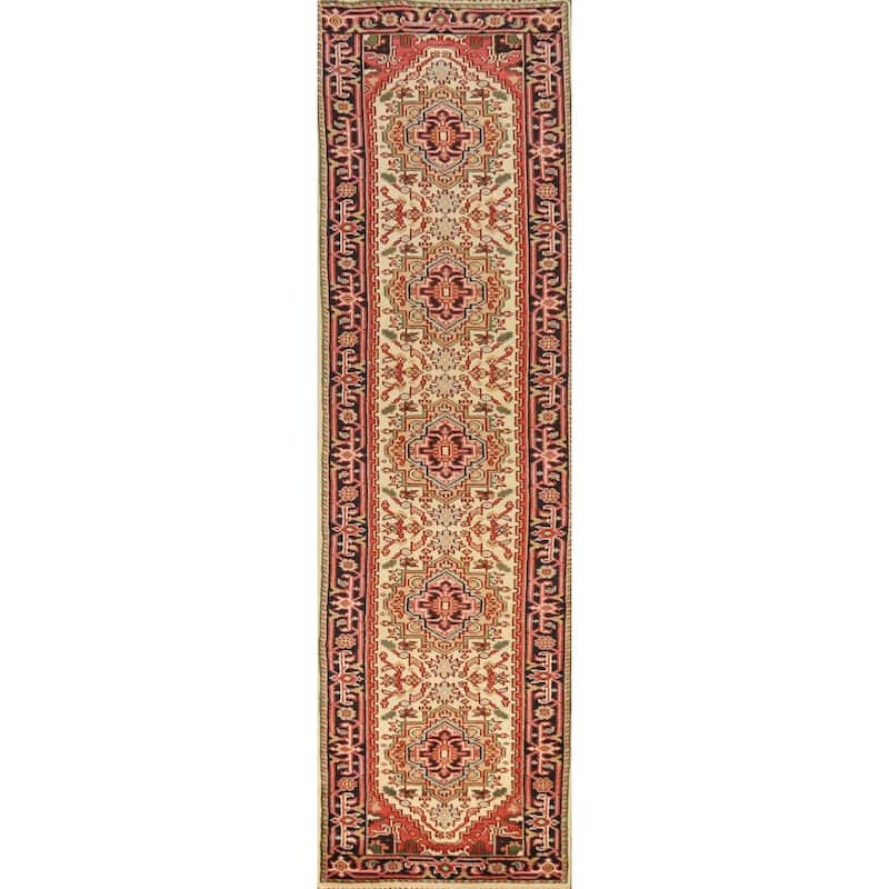 Geometric Traditional Heriz Serapi Runner Rug Hand-Knotted Wool Carpet - 2'7" x 11'10"