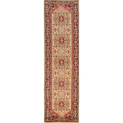 Geometric Traditional Heriz Serapi Runner Rug Hand-Knotted Wool Carpet - 2'7" x 11'10"