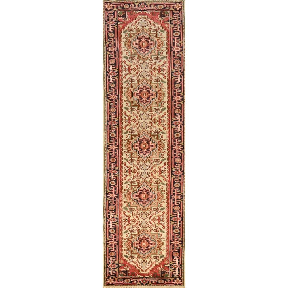 Geometric Traditional Heriz Serapi Runner Rug Hand-Knotted Wool Carpet - 2'7" x 11'10"