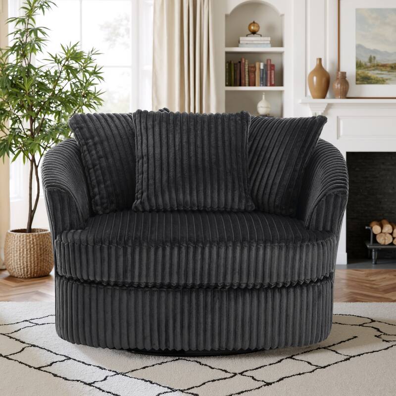 Oversized 43" W Plush Corduroy Swivel Barrel Chair with Pillows - Dark Gray