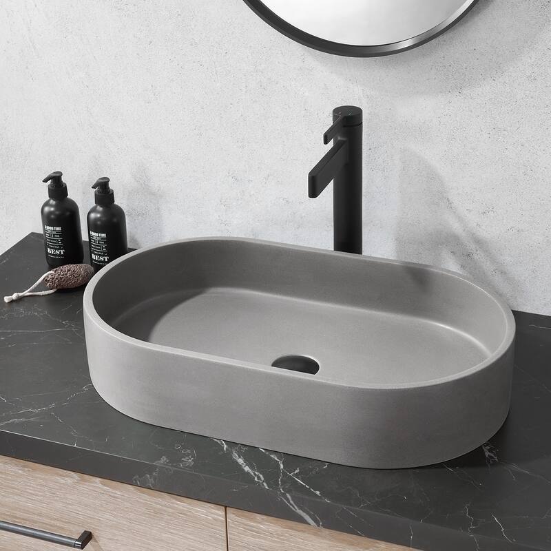 Vinnova Eibar Grey Concrete Oval Vessel Bathroom Sink - 23.6"L×13.8"W×4.7"H