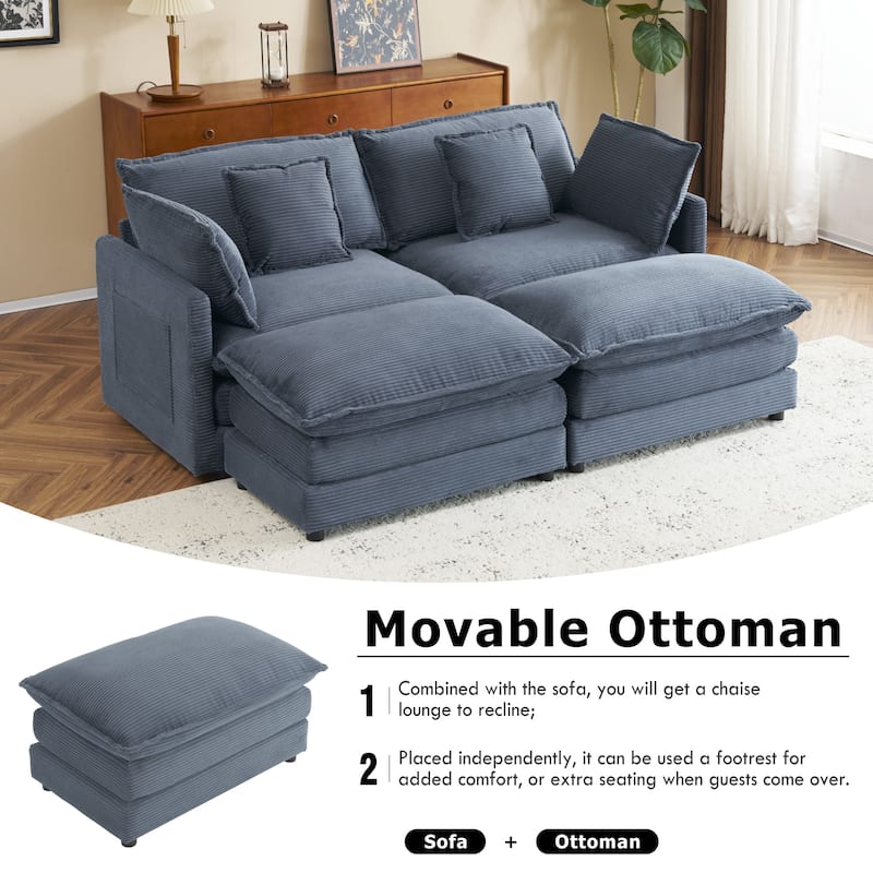 75.6" Corduroy U-Shaped Sectional Sofa with Ottoman and Storage Pockets