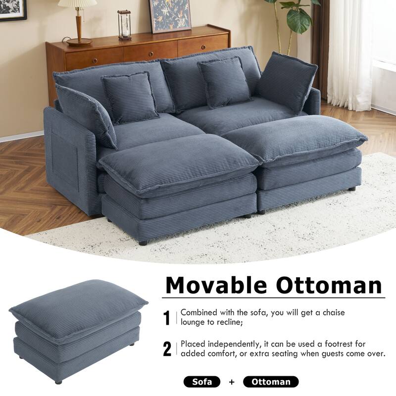 Modern Modular Sectional Sofa with Movable Ottoman and Deep Cushions and Storage Pockets for Small Space Living Room