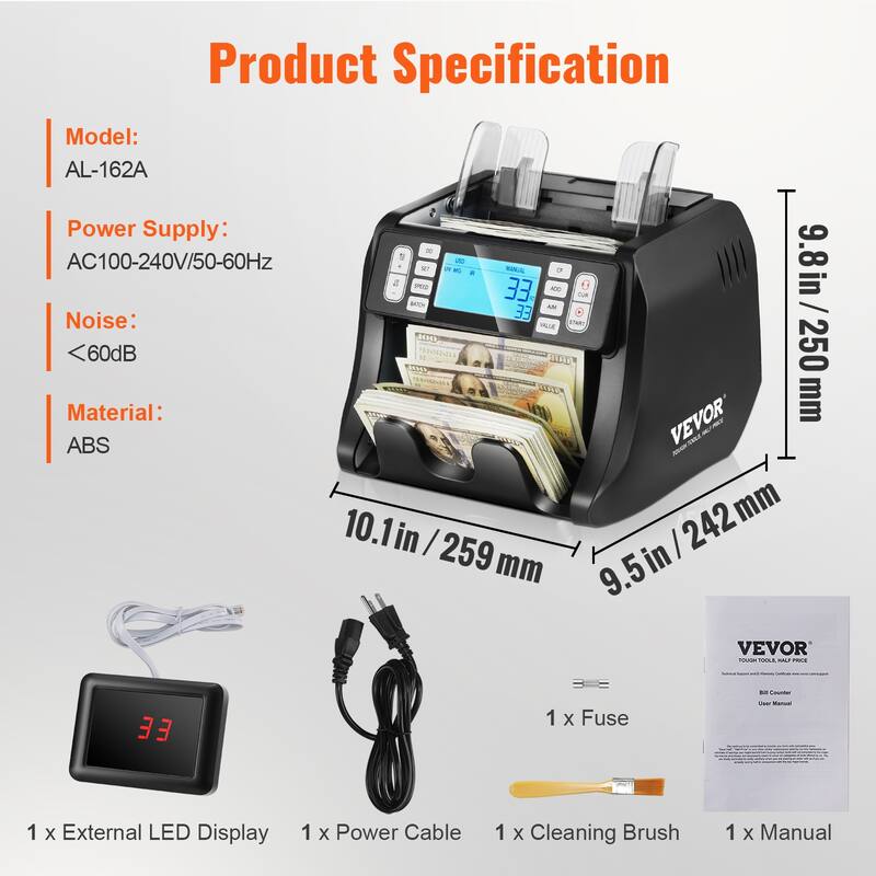 VEVOR Money Counter Machine, Bill Counter with UV, MG, IR and DD Counterfeit Detection