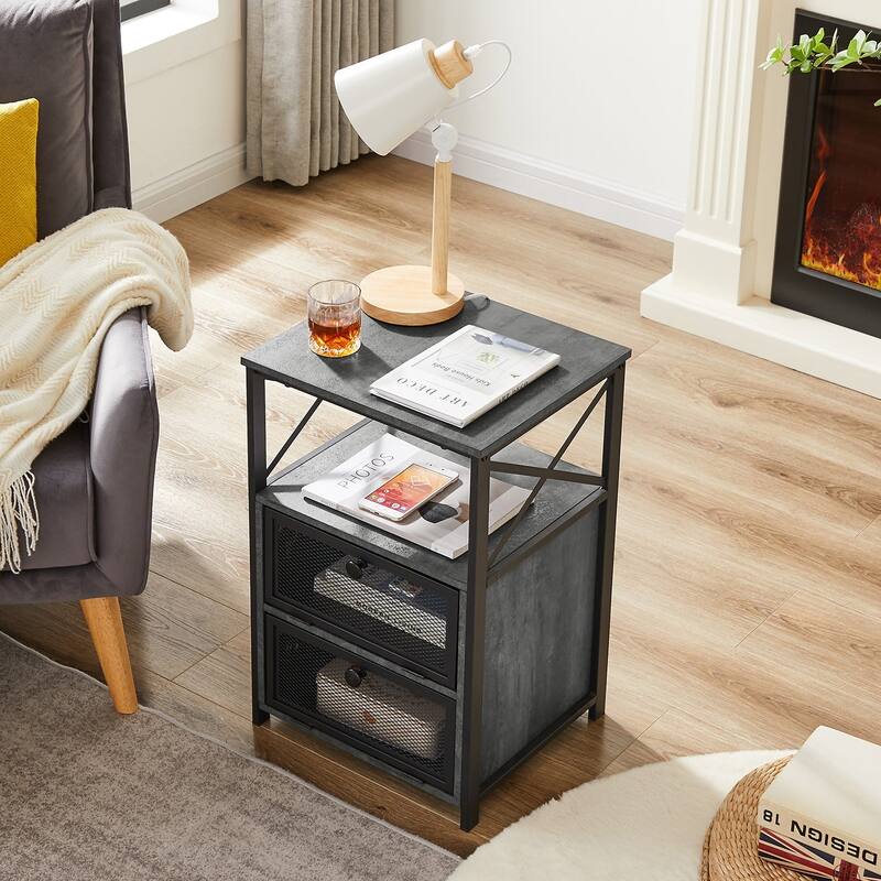 VECELO Modern End Table with 3-tier Storage Shelves, Nightstands with Charging Station(Nightstand Set of 2)