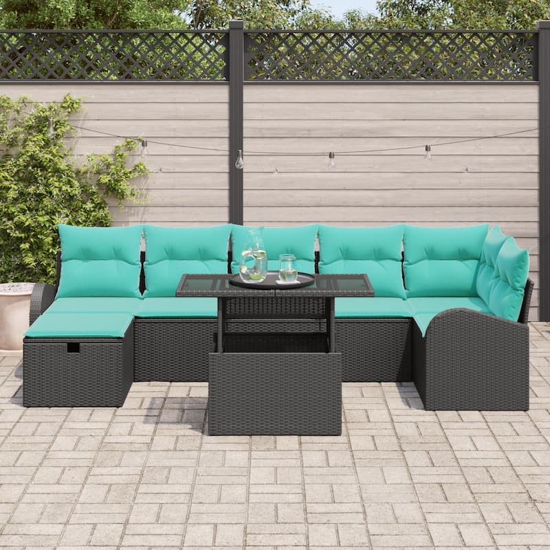 vidaXL 8 Piece Garden Sofa Set with Cushions Black Poly Rattan - 113.8×48.8×27.2