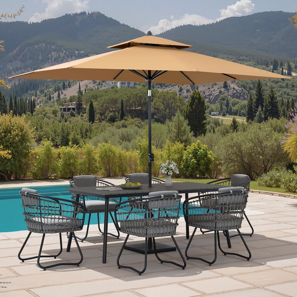9PC Outdoor Patio Dining Set Wood-Like Aluminum Umbrella Hole Table with Rattan Chairs,Double Top Market Umbrella and Base