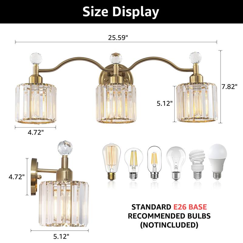 Starsky 3-Light Modern Crystal Bathroom Vanity Fixture with Ribbed Glass Shades and Sparkling Crystal Ball Accents