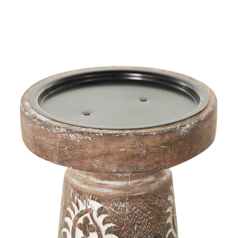 Brown or Dark Brown Mango Wood Tribal Pillar Candle Holder (Set of 3)