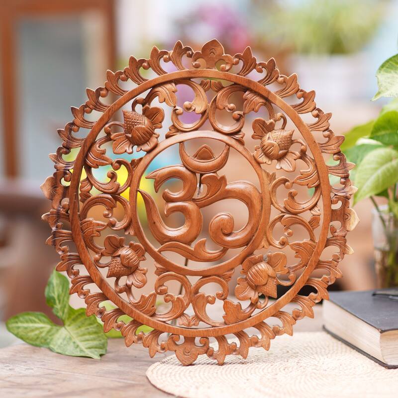 Novica Handmade Floral Om Corona Wood Relief Panel