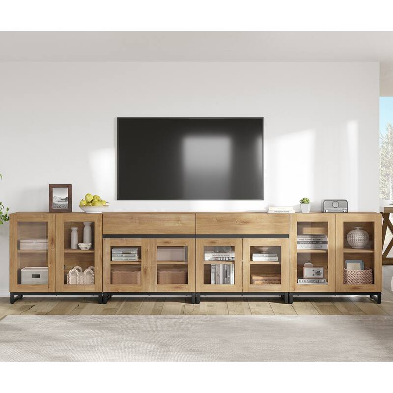 4-in-1 TV Stand for 120" TVs, Modern Console with Glass Doors & 2 Drawers