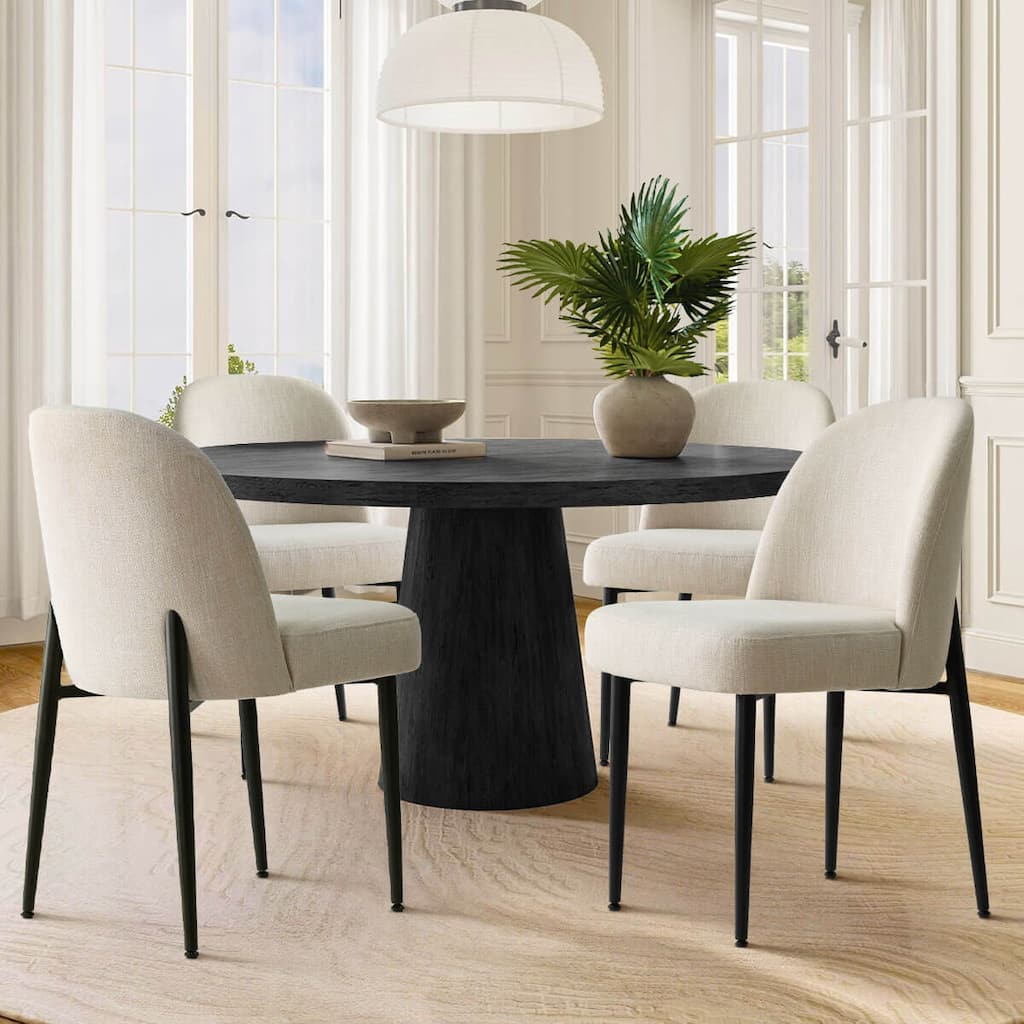 Linen Upholstered Parson Chair with Black Metal Legs (Set of 4)