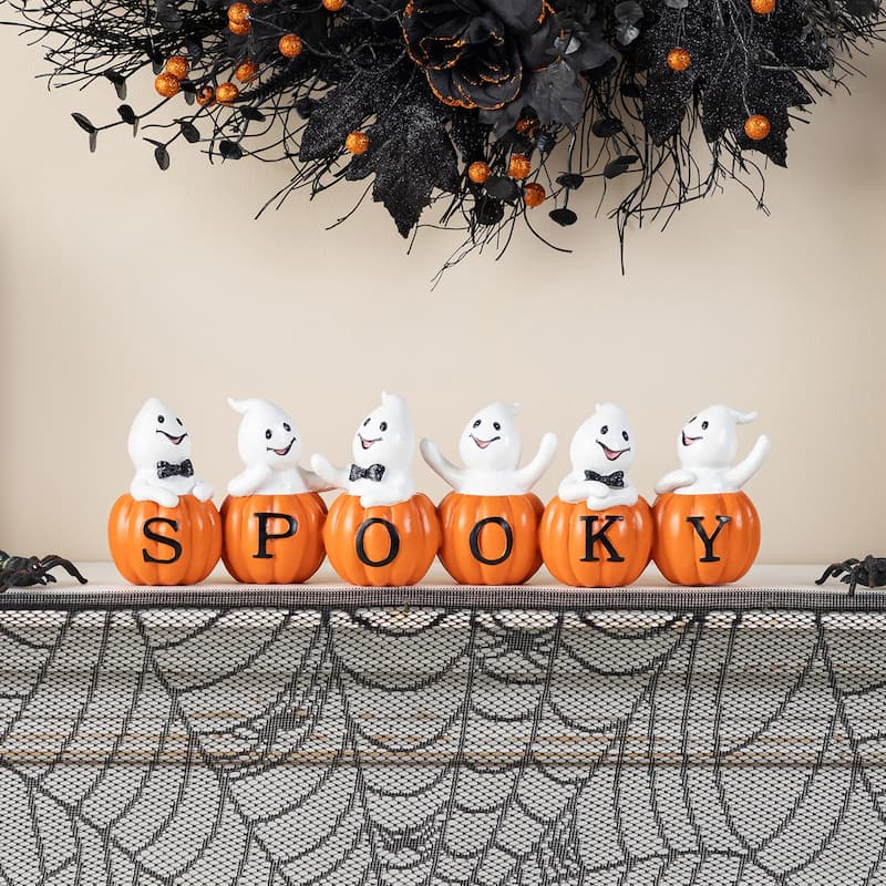 Glitzhome 15.50''L Halloween Polyresin SPOOKY Ghost Pumpkin Table Decor