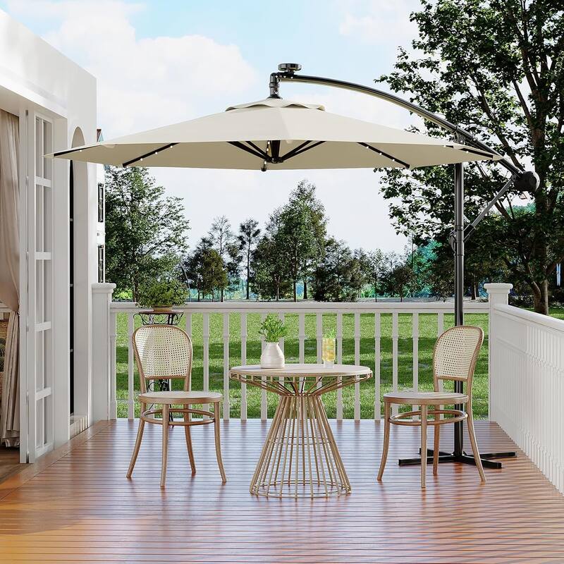 10ft Solar Lights Offset Patio Umbrella, Cantilever Umbrella with Easy Lift & Tilt Adjustment, 8 Ribs Sun Umbrella UV - Beige