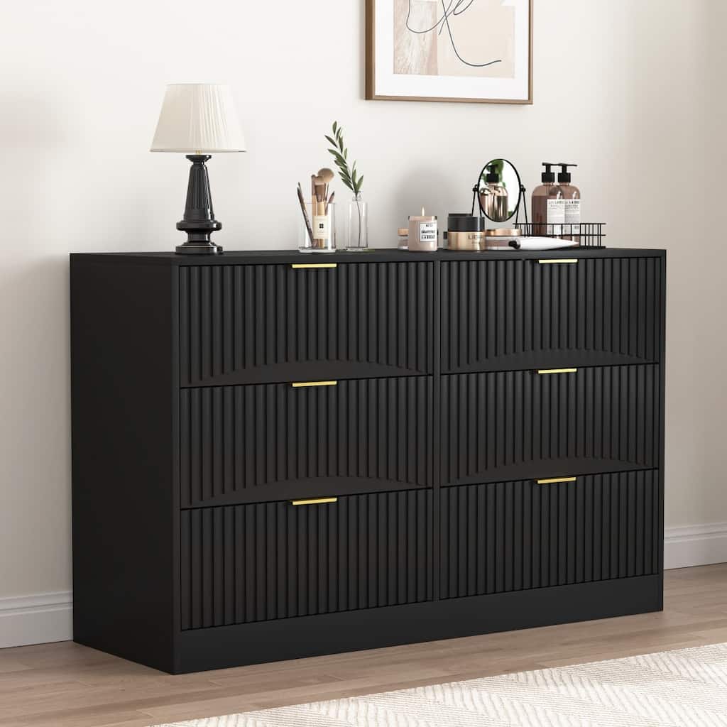 47.2" Modern Black 6-Drawer Dresser, Drawer Panel with Wavy Patterns