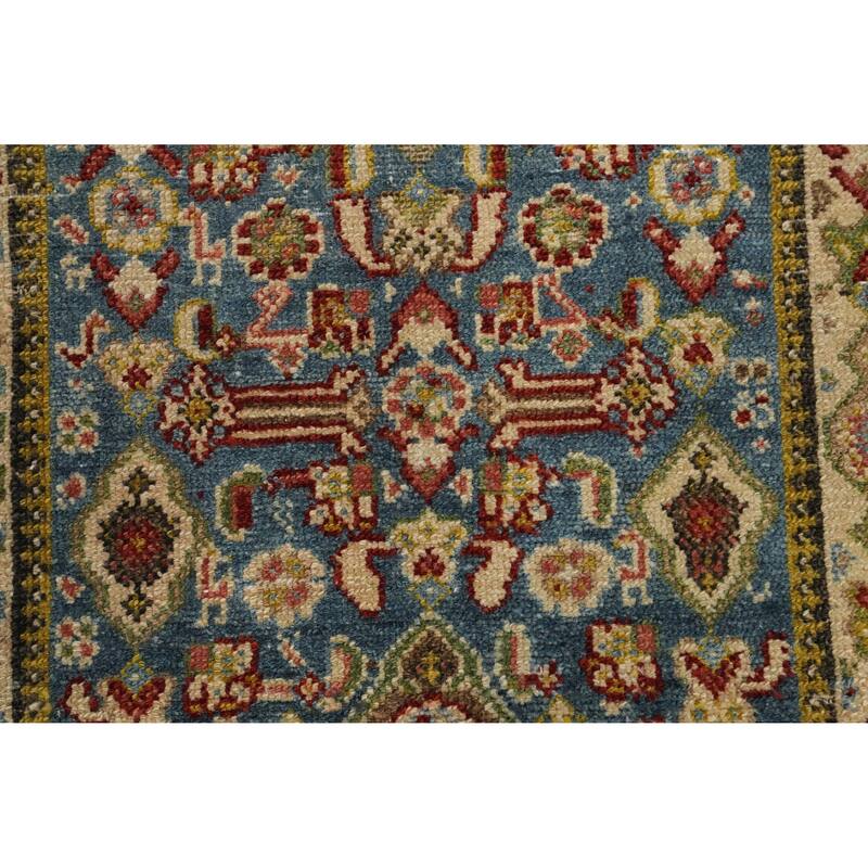 Hand Knotted Oriental 100% Wool Carpet Traditional Geometric Navy Blue & Blues Malayer Runner Rug - 15' 10'' X 3' 1''