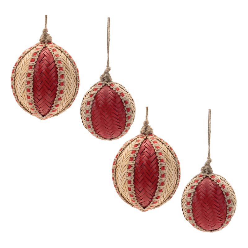 HomeRoots Set of Four Red And Natural Woven Bamboo Ball Ornaments